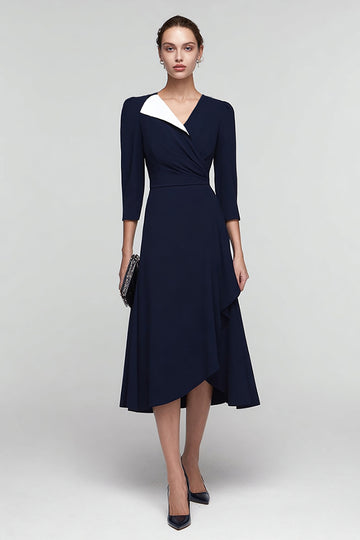 Black And White A-Line V-Neck Midi Work Dress With 3/4 Sleeves